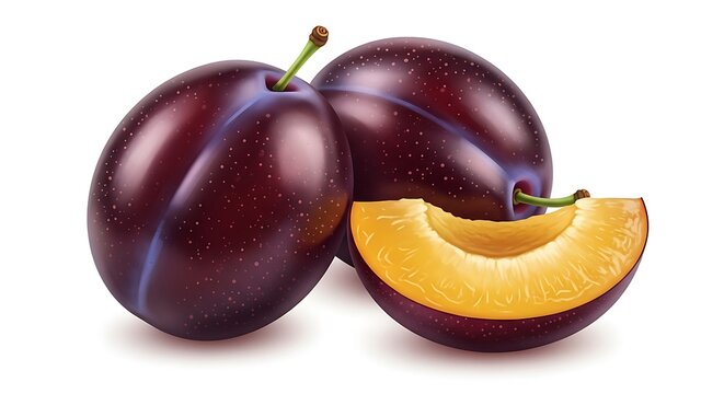 Ripe purple plums and a juicy slice isolated on white background