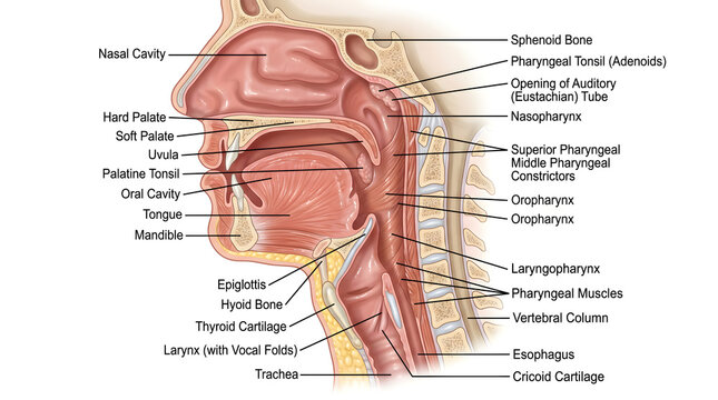 Sagittal anatomical illustration of the upper airway showing nasal cavity, pharyngeal regions, larynx with cartilages, epiglottis, trachea and esophagus, highlighting relationships of respiratory and 