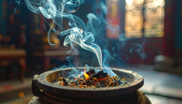 Smoke rising from a bowl with burning incense creating an ethereal atmosphere
