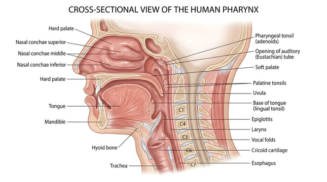 Cross‑sectional view of the human pharynx and larynx, labeling nasal cavity, oral cavity, tonsils, tongue, epiglottis, vocal cords, esophagus and trachea, illustrating shared pathways for breathing, s
