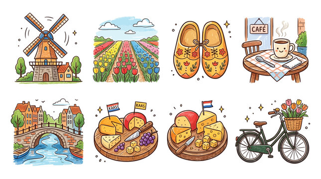 Charming collection of Dutch cultural icons, including windmills, tulip fields, clogs, cheese, and bicycles, evoking a sense of travel and tradition.