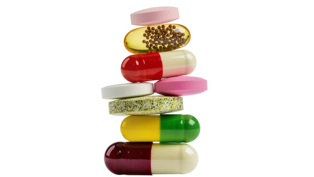 Stack of assorted colorful pills and capsules, isolated on transparent background