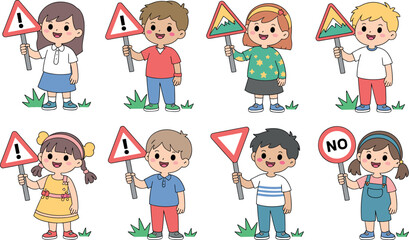 Fototapeta premium Cute cartoon children holding various traffic and warning signs for educational safety awareness and school road crossing concepts