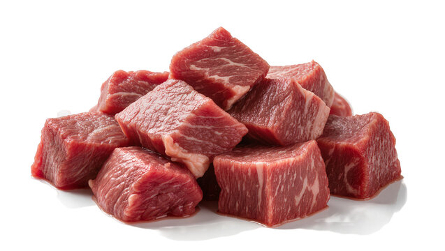 Pile of raw beef stew cubes with visible marbling, isolated on transparent background