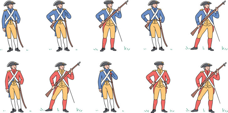 Revolutionary war soldier vector set featuring colonial military characters in blue and red uniforms with muskets and tricorn hats