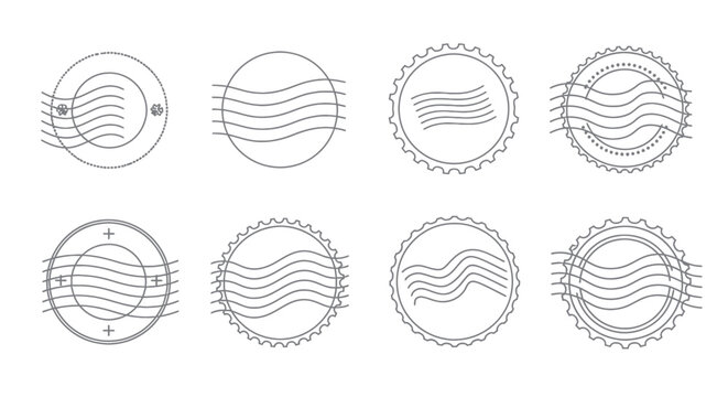 Set of vector outline postage stamp postmark icons and shipping labels