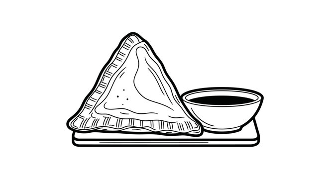 Hand-drawn black and white illustration of an Indian samosa with dipping sauce