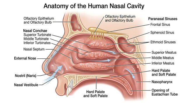 Labeled anatomical diagram of the human nasal cavity in sagittal section, showing external nose, vestibule, turbinates, olfactory epithelium, paranasal sinuses, palate and openings to the nasopharynx 