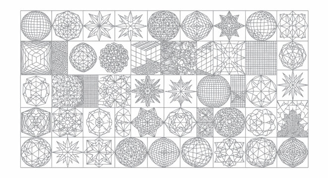 Collection of geometric wireframe shapes and abstract 3D design elements