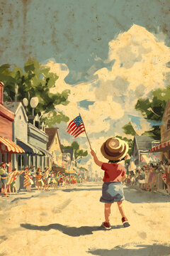 Vintage 1950s Americana boy waving American flag on small-town parade street, retro hand-painted editorial illustration with nostalgic warm colors