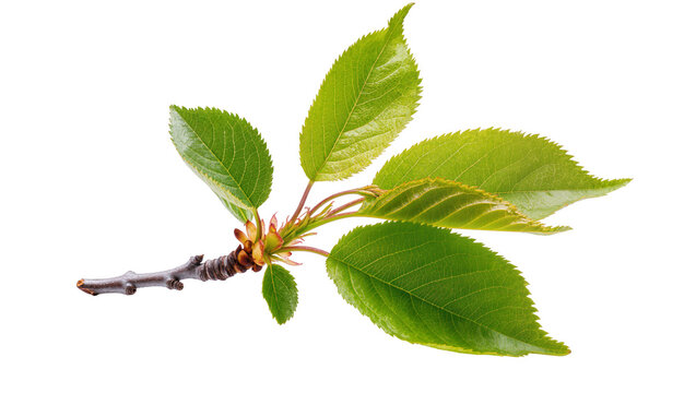 Green cherry tree branch with serrated leaves, isolated on transparent background