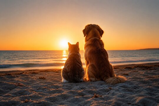 Dog and Cat Watching Sunset on Beach