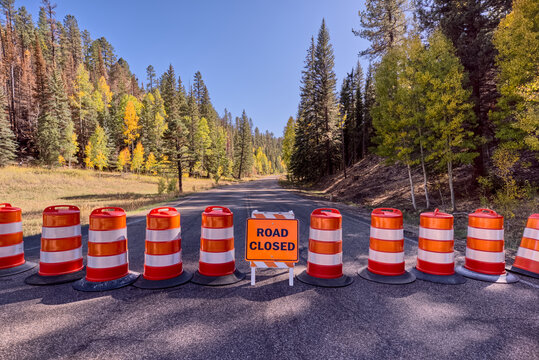Road closed at Cape Royal Road turnoff due to Dragon Bravo Wildfire damage in Grand Canyon North Rim Arizona