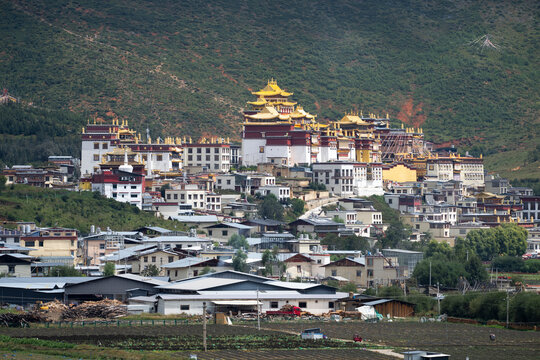 View of Songzanlin Monastery with golden roofs in Shangri-La Yunnan China