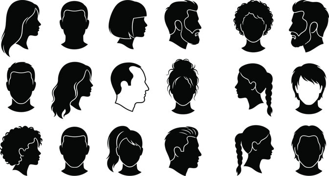 Human Head and Hair Silhouettes of Men and Women in Various Hairstyles and Profiles for Design and Commercial Use