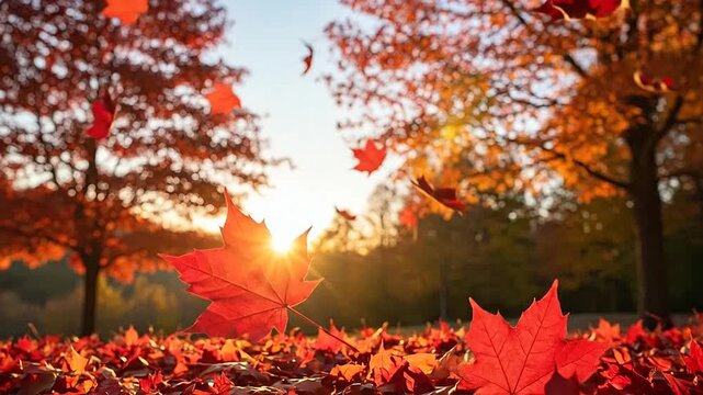 Bright red autumn leaves falling in a park during a golden sunset