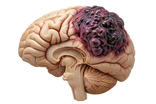 3D depiction of a brain affected by glioblastoma tumor.