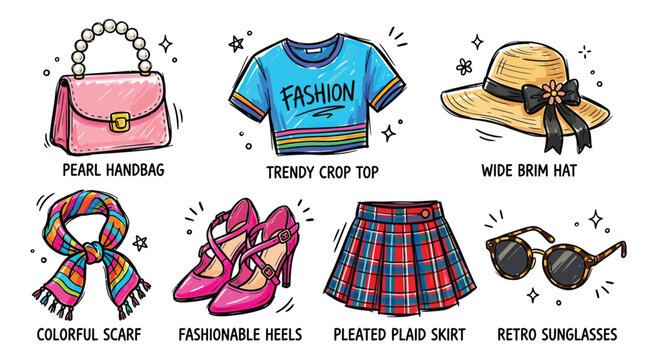 A vibrant collection of trendy fashion accessories for women, including a pearl handbag, crop top, hat, scarf, heels, skirt, and sunglasses.