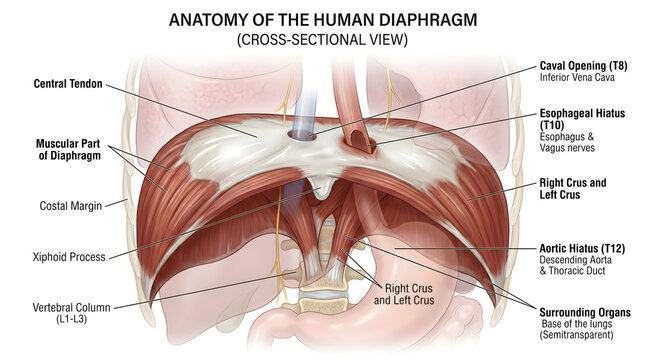 Detailed cross‑sectional illustration of the human diaphragm showing muscular dome, central tendon, costal and lumbar attachments, openings for the aorta, esophagus and vena cava, and relationships to