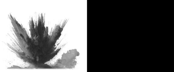 Black powder explosion on white background, dark smoke blast with debris and dust particles, dramatic charcoal burst effect for design © Transparent Studio