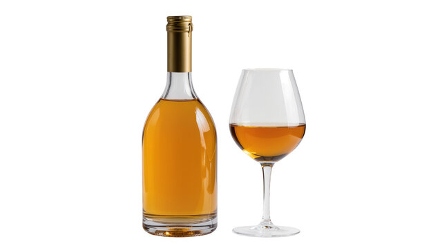 Amber liquid in a clear glass bottle and wine glass, isolated on transparent background