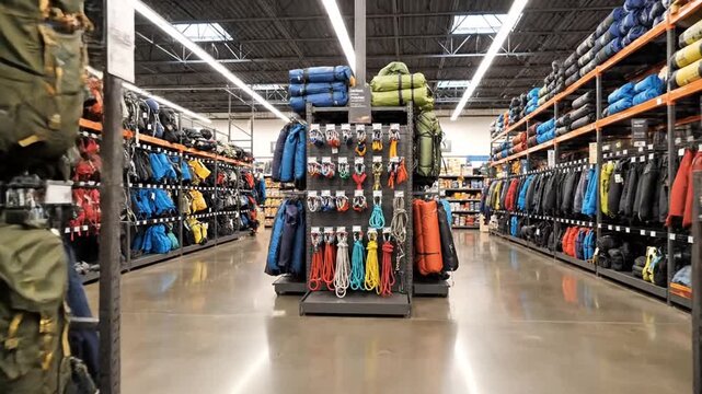 Outdoor gear and hiking equipment displayed in a retail store