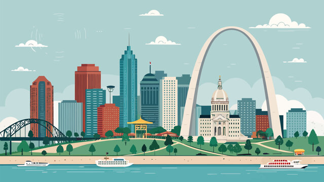 St louis cityscape skyline illustration with gateway arch and mississippi river