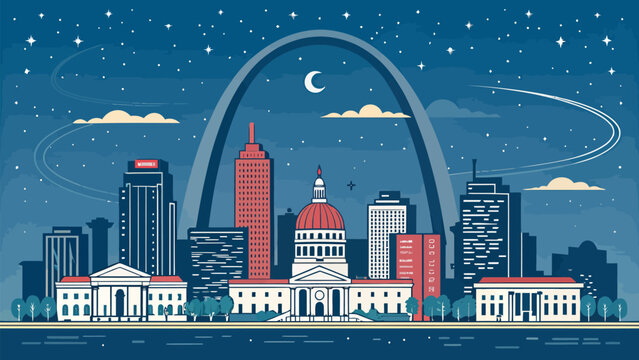 St louis city skyline with gateway arch at night vector illustration