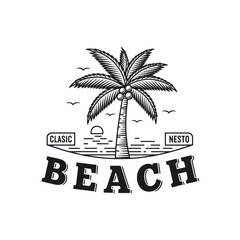 Obraz premium Vintage Beach Scene with Palm Tree and Sunset.