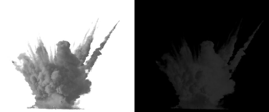 Dramatic smoke explosion on white background, dark gray dust blast effect, realistic volcanic ash cloud and alpha channel mask for compositing