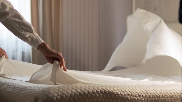 The man lift sheet over the bed and with a sharp movement straightens it on bed