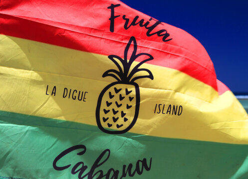 Flag waving at Anse Source dArgent beach showing local spirit and pride