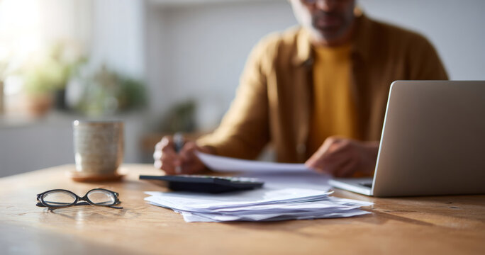 Man working with documents and laptop