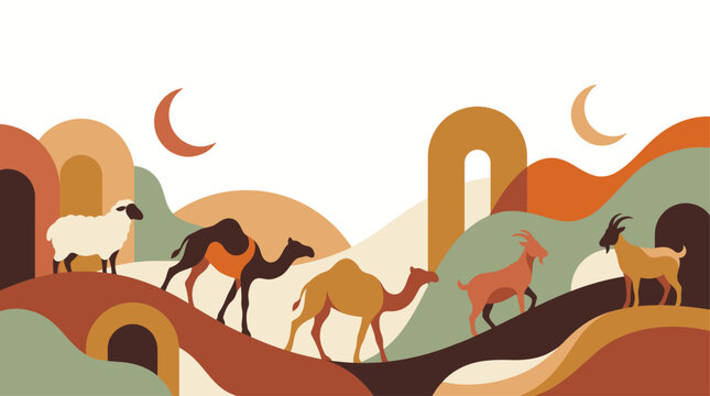 Abstract middle eastern landscape with camels sheep and goats under crescent moon and arches
