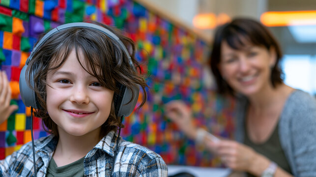 Special needs classroom with wide colorful sensory wall panels, child in noise-canceling headphones touching textured tiles, patient aide nearby, warm institutional light through tall windows, perfe