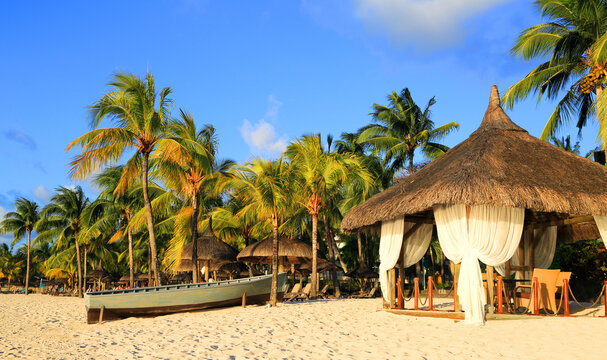 Wedding gazebo set on the beach surrounded by palm trees under clear blue sky in Point aux Piments, Mauritius