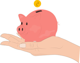 Fototapeta premium Hand holds a pink piggy bank with a coin. A symbol of savings and financial responsibility. Financial planning and smart investments.