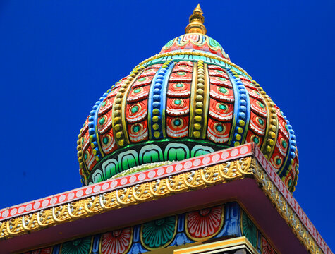 Colorful dome of Draupadee Ammen Kovil Hindu Temple represents cultural heritage in Goodlands, Mauritius