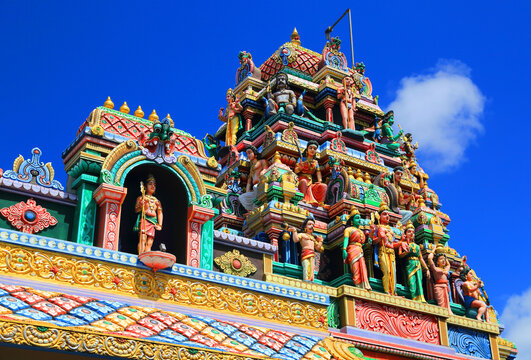 Colorful architectural details of Draupadee Ammen Kovil Hindu Temple in Goodlands, Mauritius during bright daylight