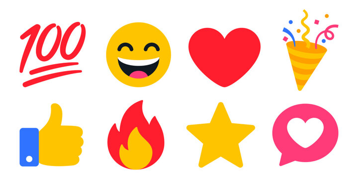 Social media reaction icon set with 100 sign, happy smiley, heart, party popper, thumbs up, fire, star and chat bubble illustration, colorful flat symbols for app, stream and message design