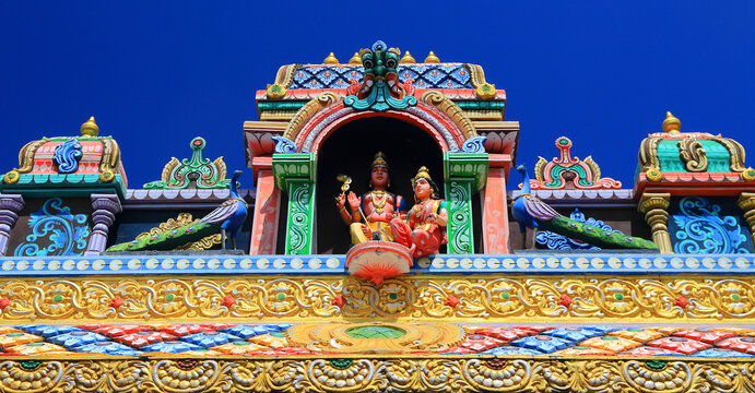 Colorful carvings on the roof of Draupadee Ammen Kovil Hindu Temple in Goodlands, Mauritius