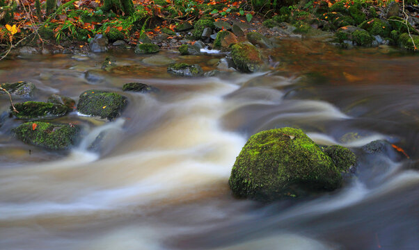 Flow of Lakeland stream in Lake District during autumn season in Cumbria, UK with rocks and water