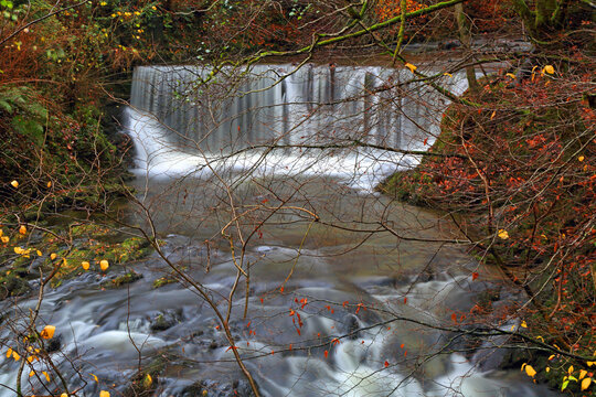 Water flows over rocks at Stock Ghyll Force in Ambleside during autumn in Lake District, Cumbria, UK showcasing natural elements of the area