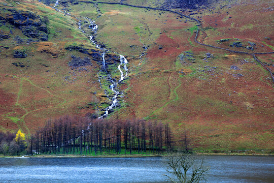 Water flows down Buttremere Fell as trees line the shore of the lake during a cloudy day in the Lake District