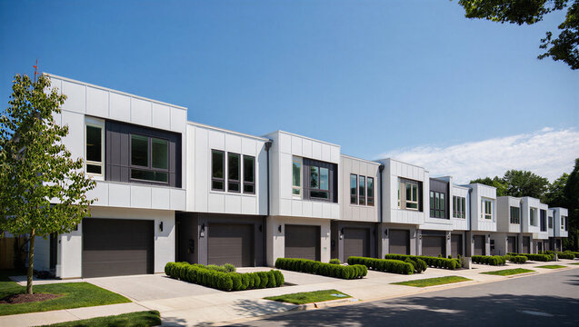 Contemporary white and gray townhouses in a row with garages and greenery on a sunny day, row houses