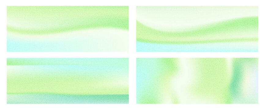 Summer landscape with grain gradient banners and green gradation for backdrop. Soft summer wave landscape set in pastel blue and spring bg. Vector light fresh tones noise covers pack.
