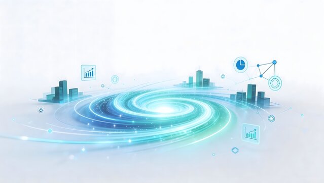 Abstract digital cityscape with data icons