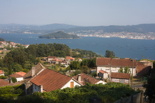 View of Pontevedra bay from above Samieira in the Ras Baixas region of Galicia, Spain revealing landscape and water