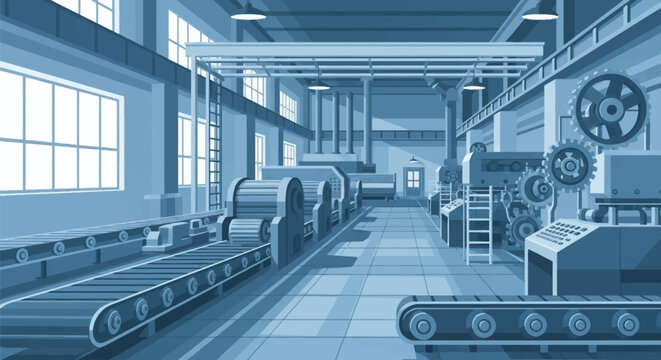 Industrial factory interior vector illustration featuring automated conveyor belts, mechanical gears, heavy production machinery, and rollers in a monochromatic blue workshop setting.