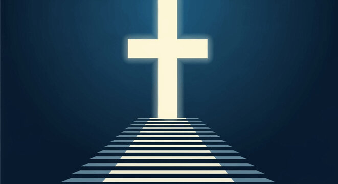 Minimalist digital illustration of a bright glowing white cross at the end of a receding perspective path with horizontal lines, set against a dark blue gradient background.